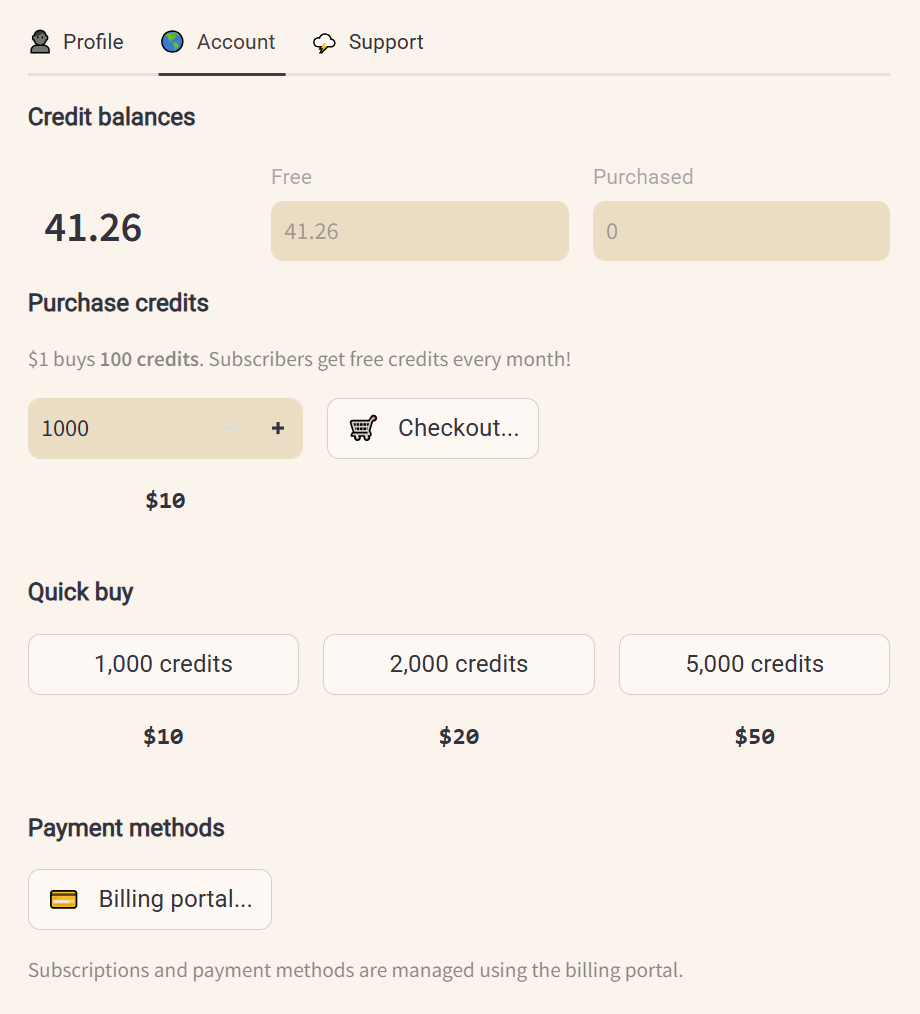 Screenshot of the Account page in the Options