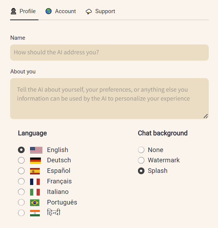 Screenshot of the Profile page in the Options