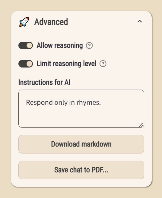 Screenshot of the Advanced panel